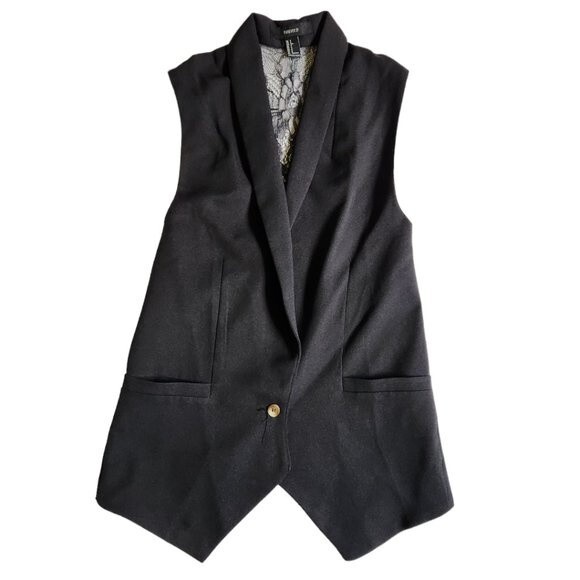 Forever 21 black one button v neck sleeveless vest with lace back detail sz S - Picture 1 of 11